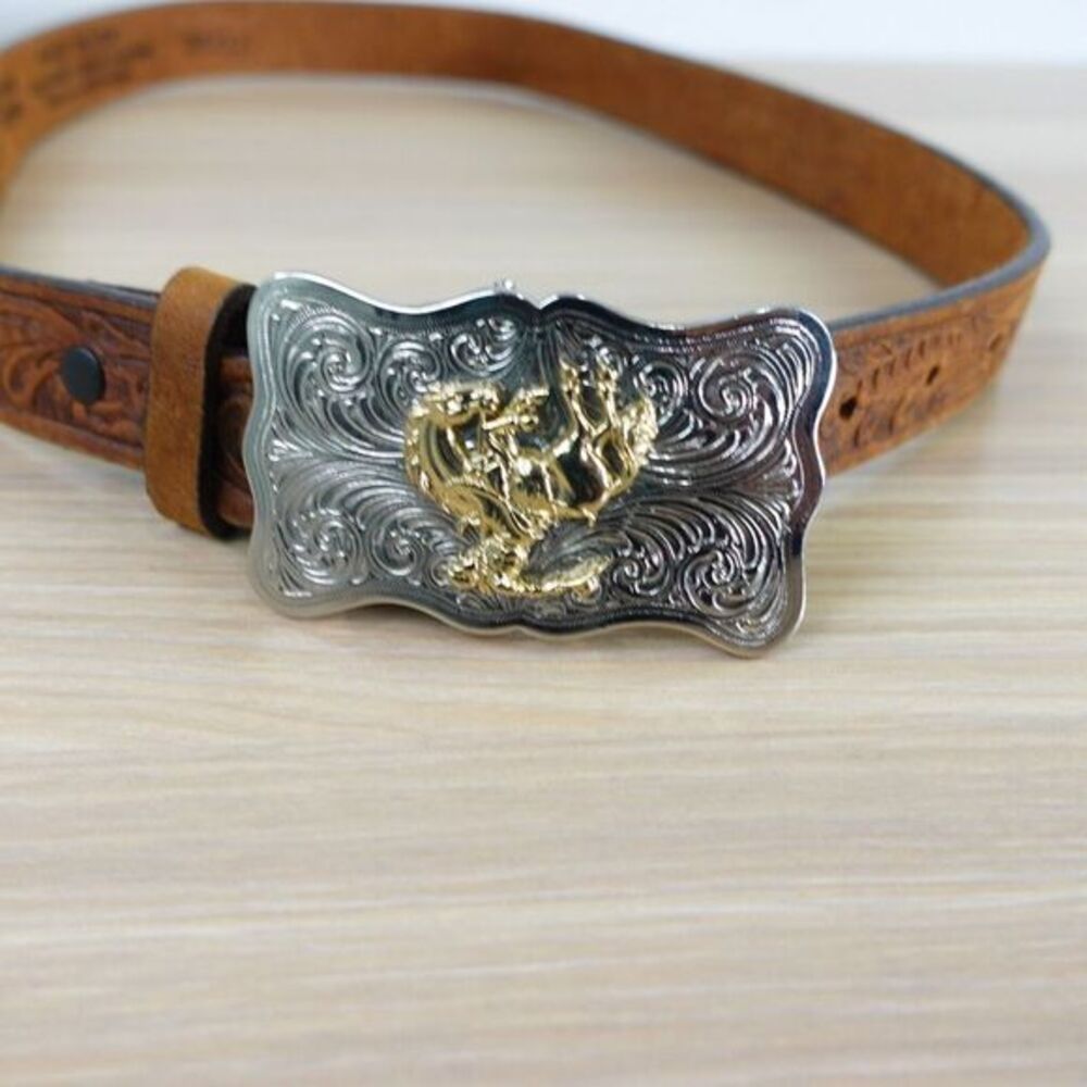 Western Top Grain Leather Belt XS 28 JUSTIN Brown Tooled Rodeo Cowboy Buckle